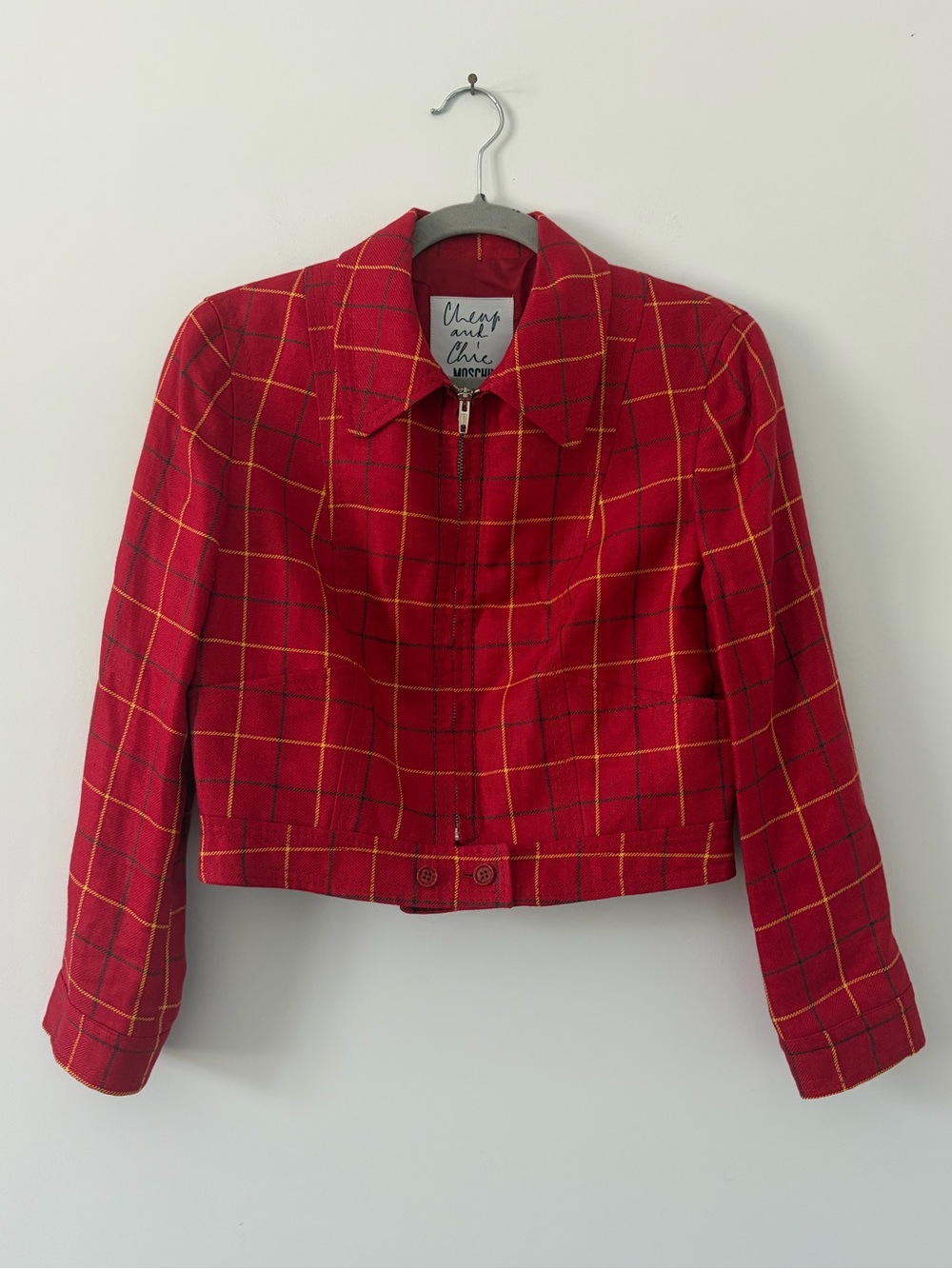 Moschino Cheap and Chic Red Yellow Plaid Linen Zip Up Cropped 90s Jacket 8